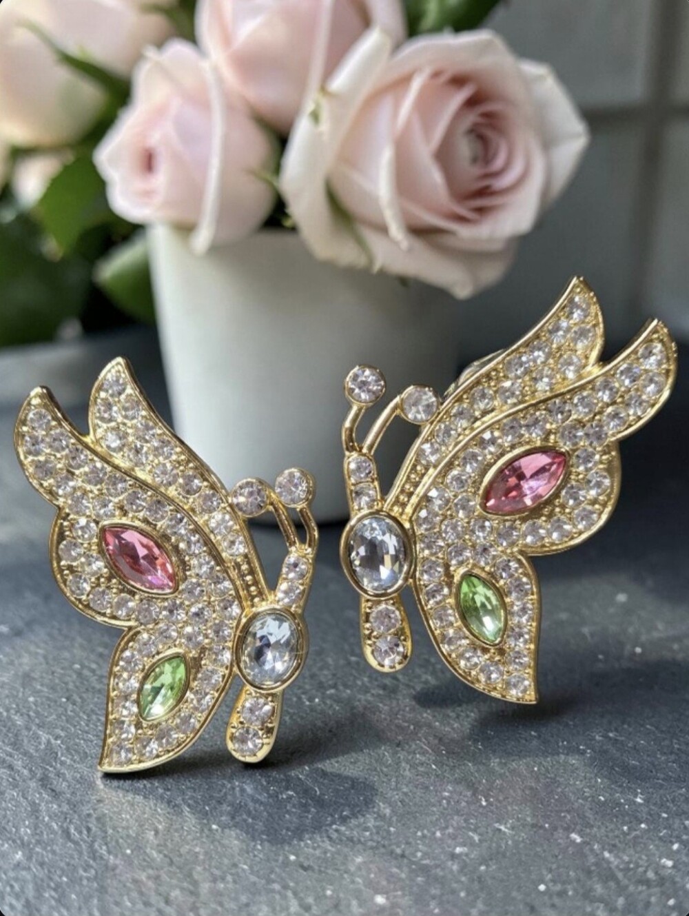 18k Gold Plated Pave Zircon Crystal Beautiful Pastel Butterly 2" Earrings